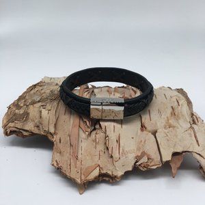 Men’s Black and Brown Leather Bracelet with Stainless Steel Clasp.